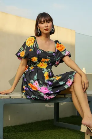 ANYA Pleated Puff-Sleeve Floral Dress (Black)