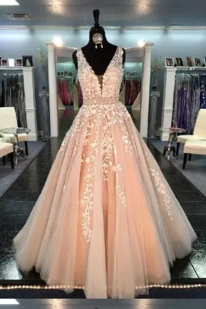 Blush Pink Wedding Dress with Ivory Floral Lace Bodice