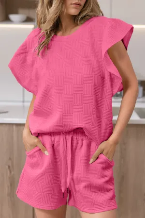 Bonbon Textured Ruffled Sleeve Tee and Drawstring Shorts Set