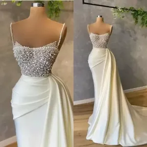 Ivory Wedding Mermaid Dresses With Pearls Beaded Crystals Spaghetti