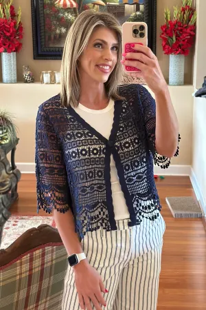Liverpool Navy Short Sleeve Crochet Bolero