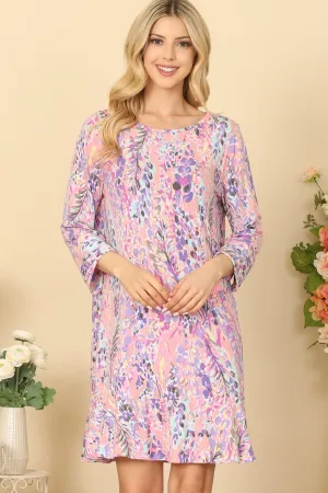 MULTI QUARTER SLEEVE ROUND NECK PRINTED DRESS