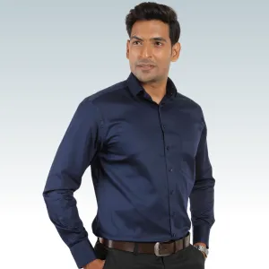 Navy Satin Regular Fit Cotton Shirt