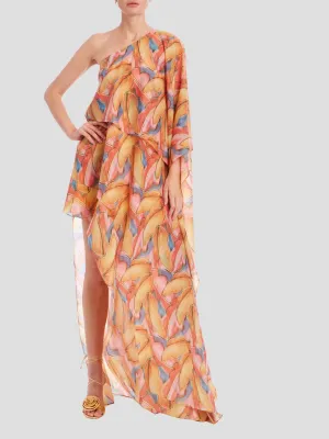 One Shoulder Caftan in Coral Multi