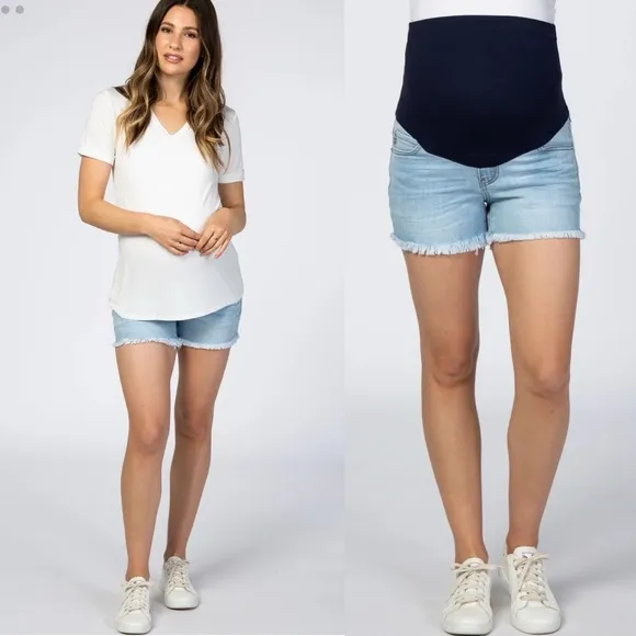 Pinkblush Light Wash Fringe Hem Maternity Denim Jean Shorts