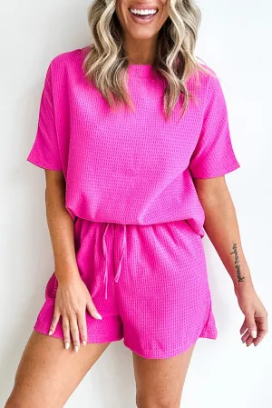 Rose Red Textured Short Sleeve Tee and Drawstring Shorts