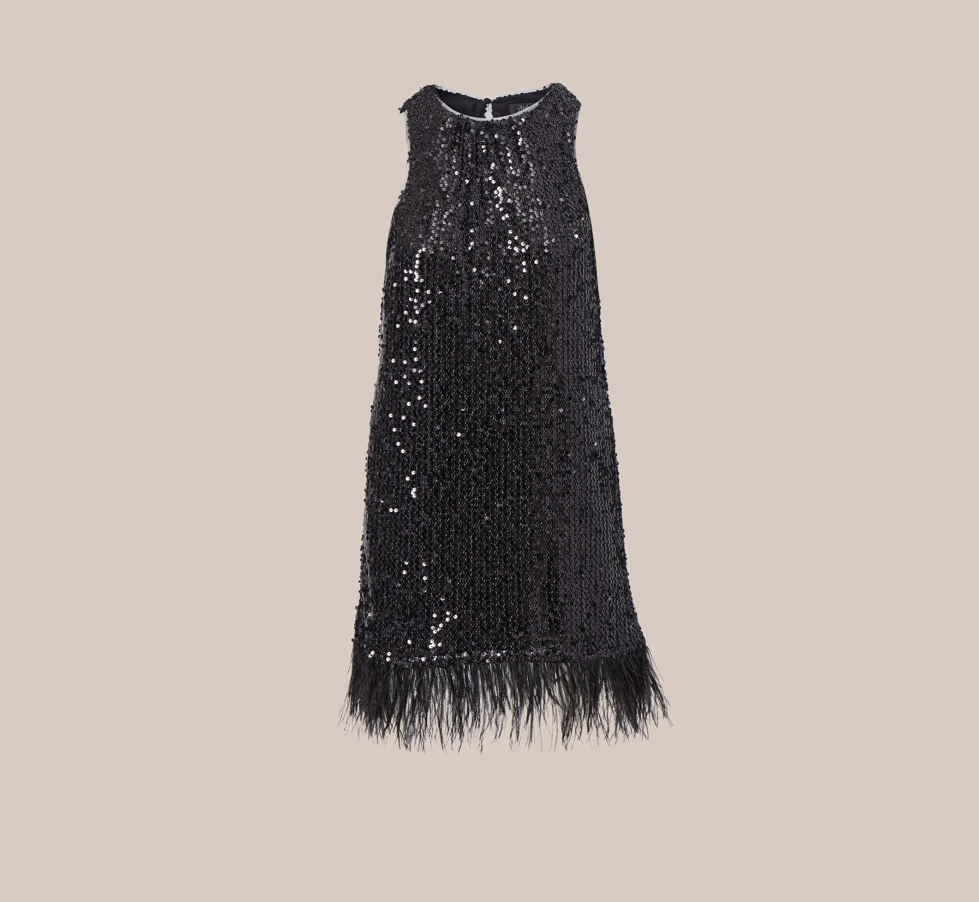 Sequined Trapeze Halter Dress With Feather Trim In Black