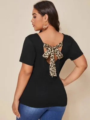 V-neck Black Top featuring the leopard tie back