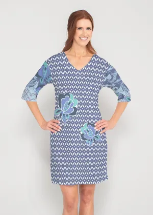 Vintage Blooms Blue (8060) ~ Drop Shoulder 3/4 Sleeve V-Neck Dress