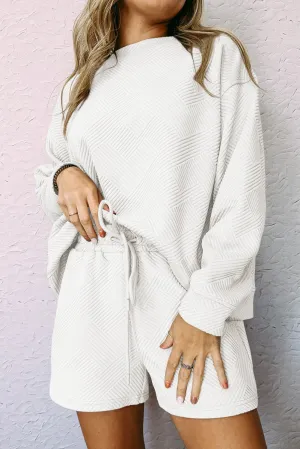 White Gray Textured Long Sleeve Top and Drawstring Shorts Set