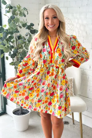 Yellow Floral Print Button Detail Dress